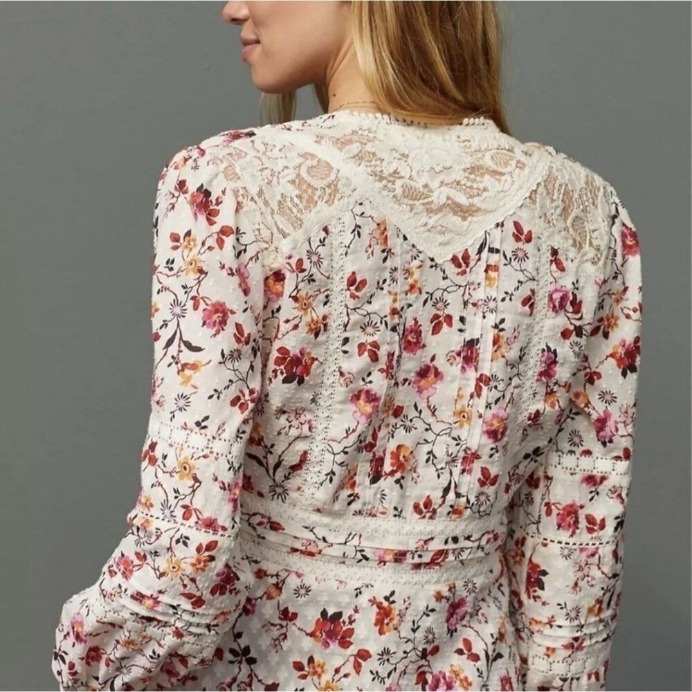 Anthropologie Puff Sleeve Floral Lace Trim Buttondown Blouse Top Size 4 Cottage - Picture 6 of 12